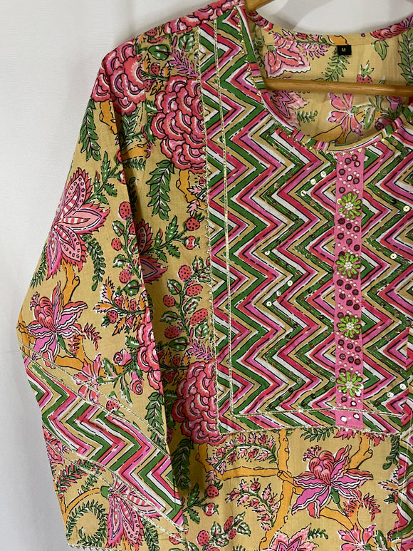 Hand Block Print Yellow and Pink Cotton Suit