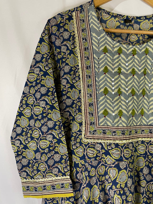 Hand Block Print Blue Cotton Anarkali suit with Thread work