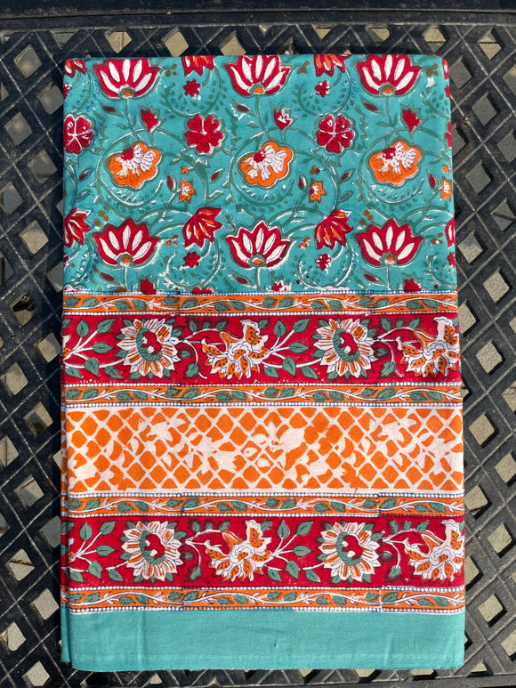 Hand Block Print Teal and Orange Double Bed Sheet