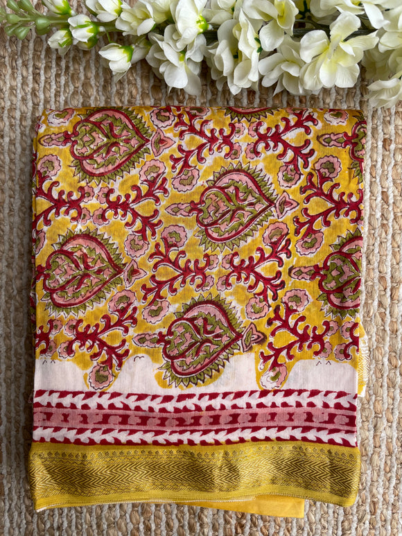 Hand Block Print Yellow Maheshwari Suit with Dupatta